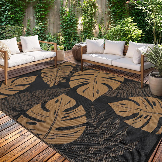 GarveeHome Outdoor Patio Rug 9x18 Waterproof Reversible Mat Leaves Camping Rugs Indoor Outdoor Rugs Carpet Large Area Rug Plastic Straw Rug for Patio Deck Balcony Pool RV Camping, Black and Brown