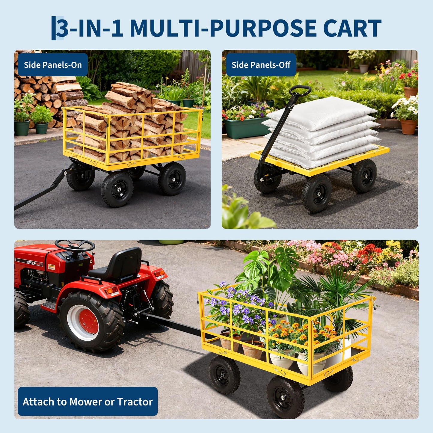 1400 LB Heavy Duty Garden Wagon Cart – 13" All-Terrain Tires, 3-in-1 Utility Yard Trailer with Removable Side Panels, Outdoor Metal Wagon for Lawn, Yard, Backyard
