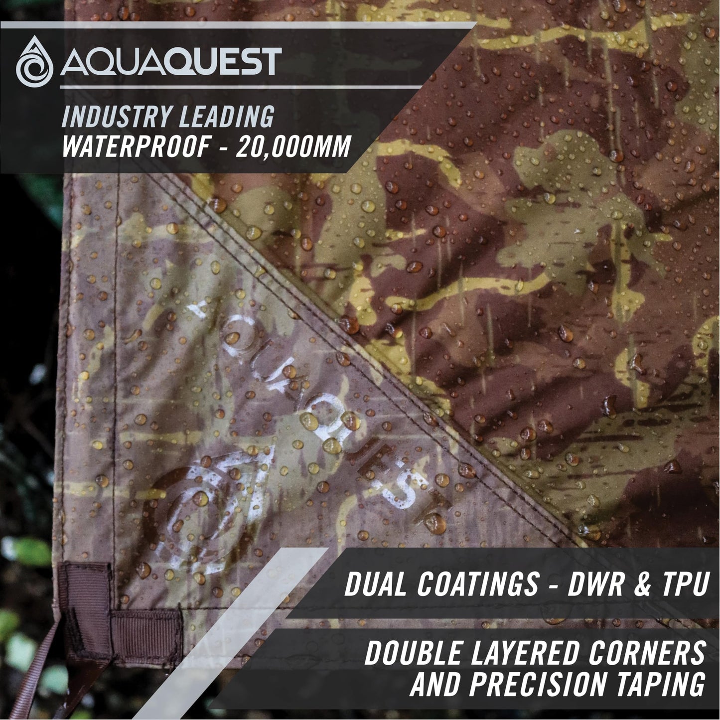 AquaQuest Safari Tarp – Lightweight Waterproof (5,000 mm) Seam-Taped Ripstop Rain Fly for Backpacking, Thru-Hiking & Hammock Camping – 10x10 True Terrain Camo
