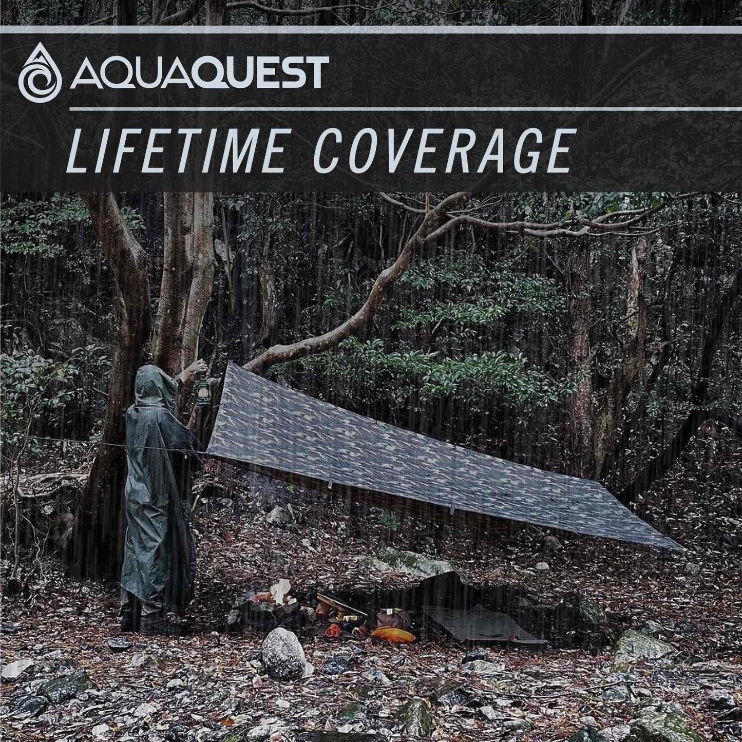 AquaQuest Defender Tarp – Heavy‑Duty Waterproof (20,000 mm) Seam‑Taped Rain Fly for Camping, Bushcraft & Survival – 13×10 True Terrain Camo