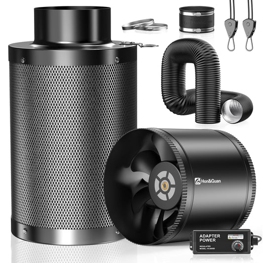 Hon&Guan 8" Air Filtration Kit: 8 Inch Inline Duct Fan with Speed Controller, 16" High Carbon Filter, 16 Ft Ducting & Rubber Coupler, Ventilation System for Grow Tents, Indoor Gardening, Hydroponics