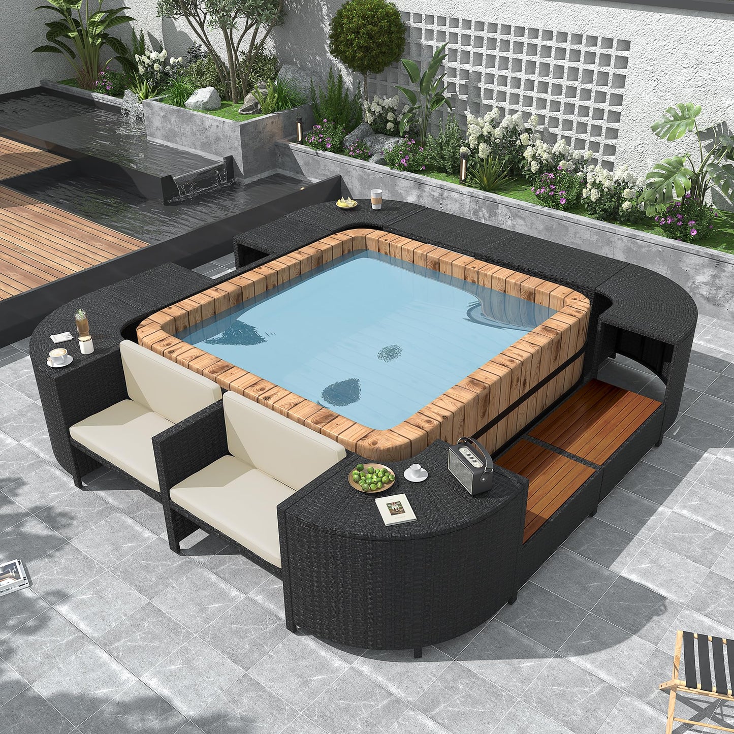 Merax Patio Furniture Set with Mini Sofa, Wooden Seats and Storage Spaces, Outdoor Conversation Sets for Patio, Lawn, Garden