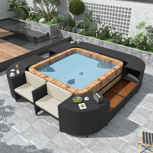 Merax Patio Furniture Set with Mini Sofa, Wooden Seats and Storage Spaces, Outdoor Conversation Sets for Patio, Lawn, Garden