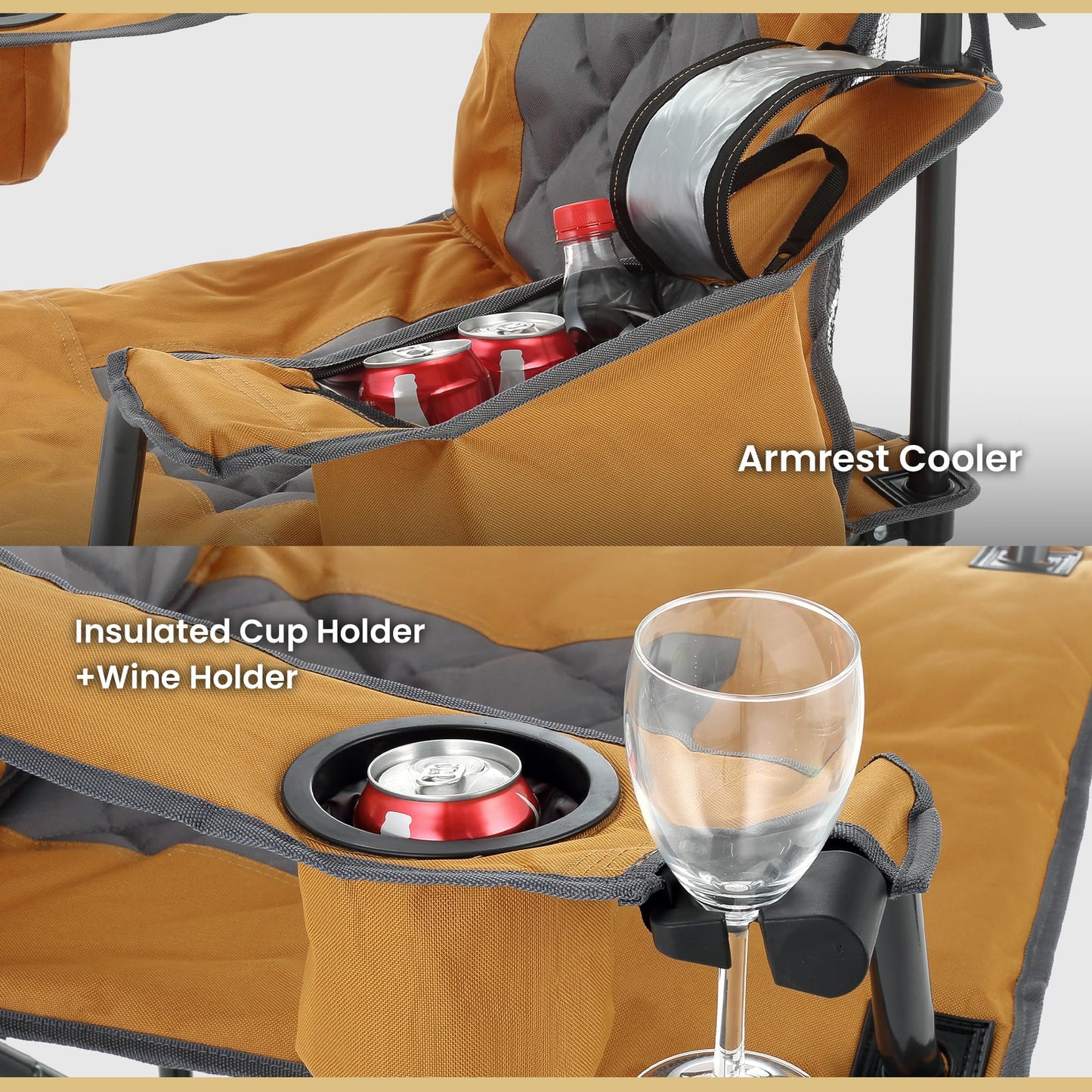 ARROWHEAD OUTDOOR 2-Pack Portable Folding Camping Quad Chair w/ 6-Can Cooler, Cup & Wine Glass Holders, Heavy-Duty Carrying Bag, Padded Armrests, Headrest & Seat, Supports up to 550lbs