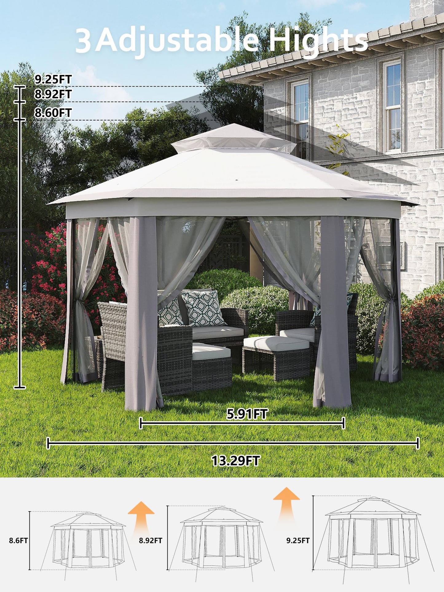 Garvee Pop Up Gazebo Screen Tent, Hexagonal Instant Gazebo Tents with Mosquito Netting Outdoor Canopy, 6 Sided Sun Shelter 13x13 ft with Mesh Netting, Pavilion Tent for Patio, Light Gray+Dark Gray