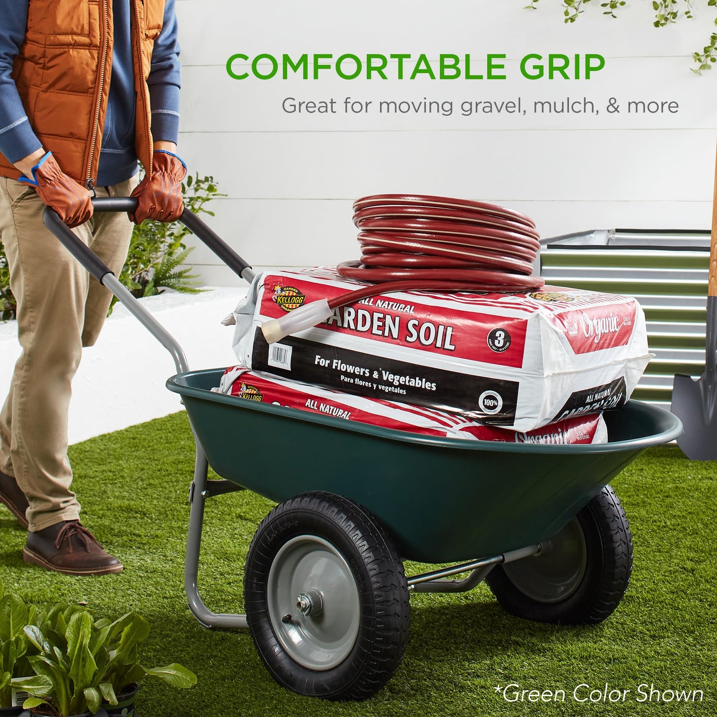 Best Choice Products Dual-Wheel Home Utility Yard Wheelbarrow Garden Cart w/Built-in Stand for Lawn, Gardening, Construction - Red