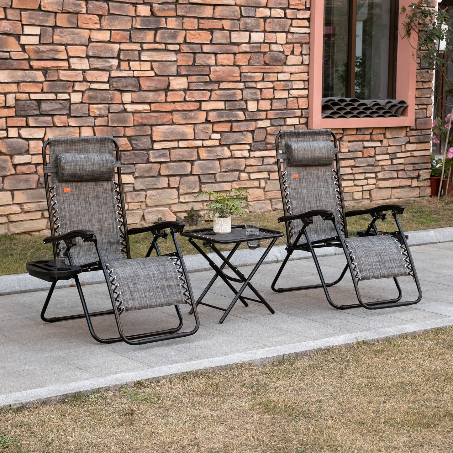 Outsunny Zero Gravity Chair Set with Side Table, Folding Reclining Chair with Cupholders & Pillows, Adjustable Lounge Chairs for Pool, Backyard, Lawn, Beach, Gray