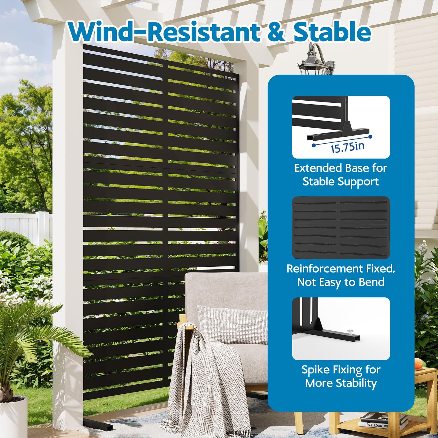 Garvee 72" H x 47" W Outdoor Metal Privacy Screen, 6FT Decorative Privacy Fence Freestanding Panels with Stand, Room Dividers, Patio Metal Screen Panel for Garden Yard Balcony Deck, Black