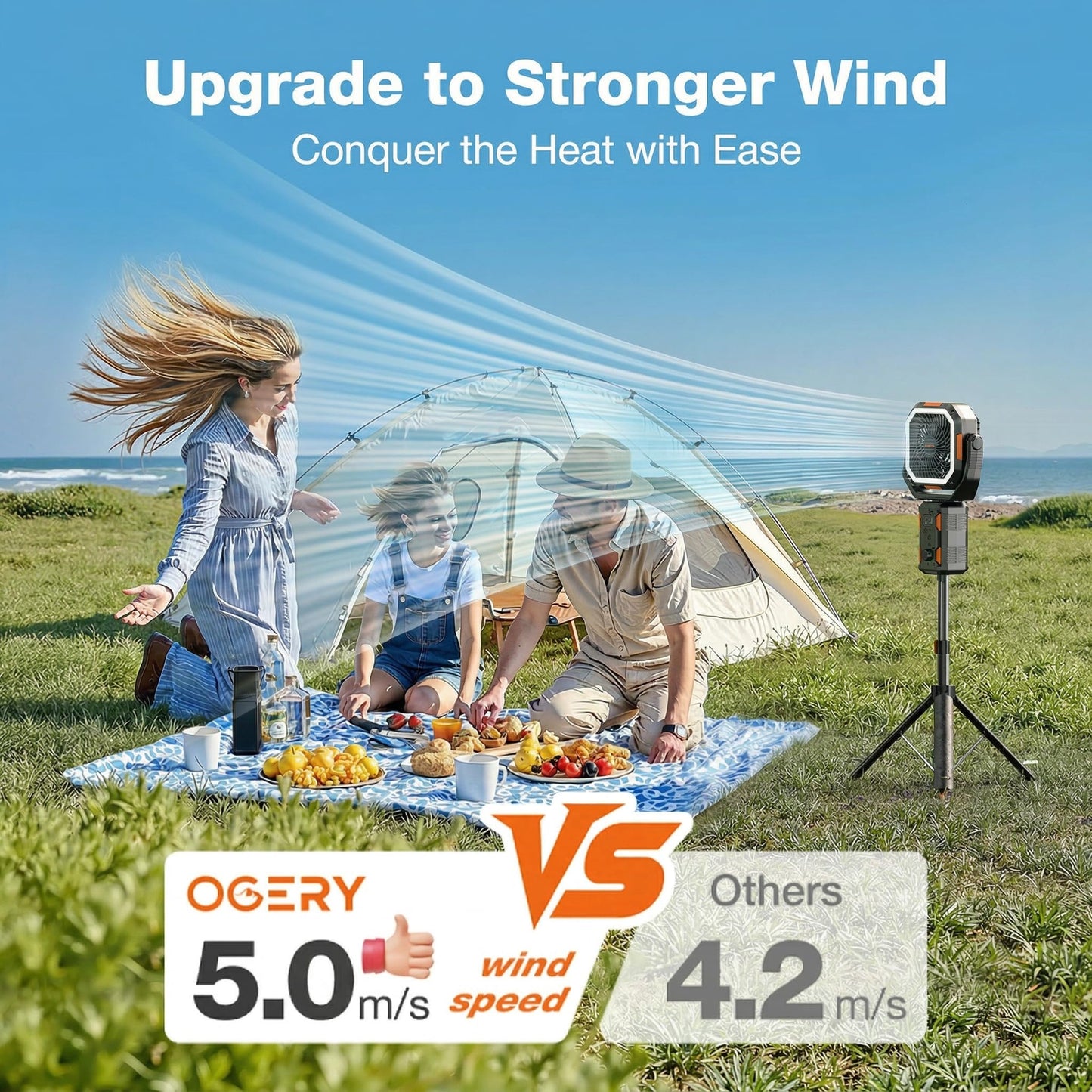 OGERY Portable Camping Fan with Adjustable Height Stand, 30000mAh Battery Powered Fan with Remote, LED Light, Auto Oscillation for Tent, RV, Bedroom, Travel – Floor & Desk Fan