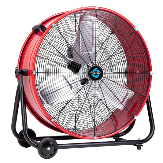 Tornado 24 Inch High Velocity Heavy Duty Tilt Metal Drum Fan Wide Version Red Commercial, Industrial Use 3 Speed 8800 CFM - 8 FT Cord UL Safety Listed