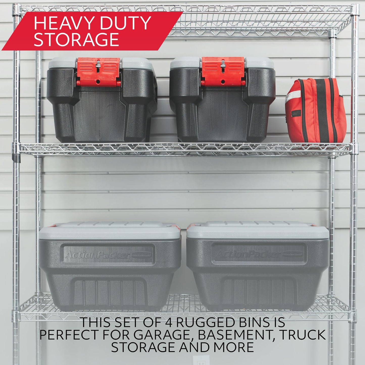 Rubbermaid® ActionPacker®️ 8 Gal Lockable Storage Box Pack of 4, Outdoor, Industrial, Rugged, Grey and Black