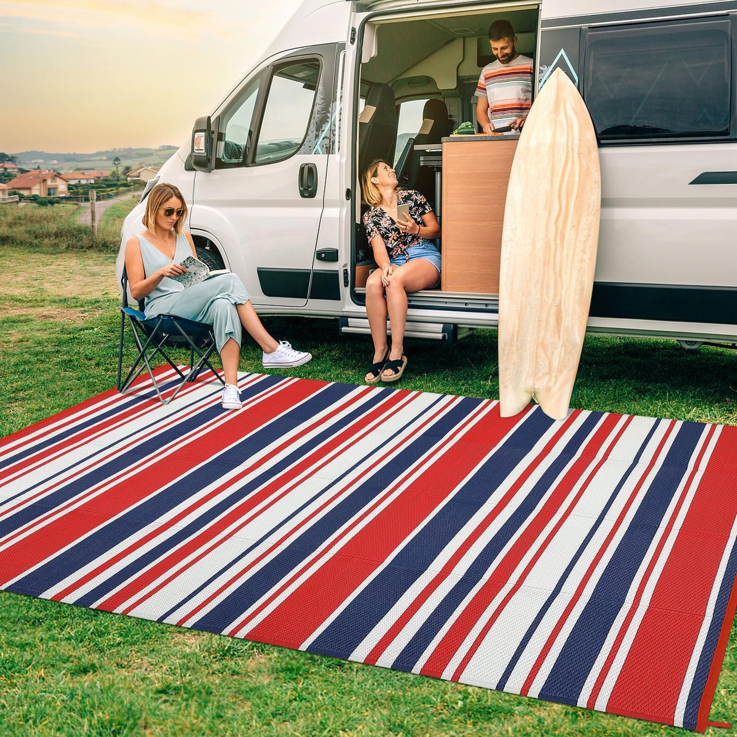 IDEALHOUSE Outdoor Rug 9x18 Ft, Waterproof Plastic Reversible Rug, Modern Camping Mat for Outdoors, RV, Patio, Backyard, Deck, Picnic, Beach, Trailer(Red & Navy & White)
