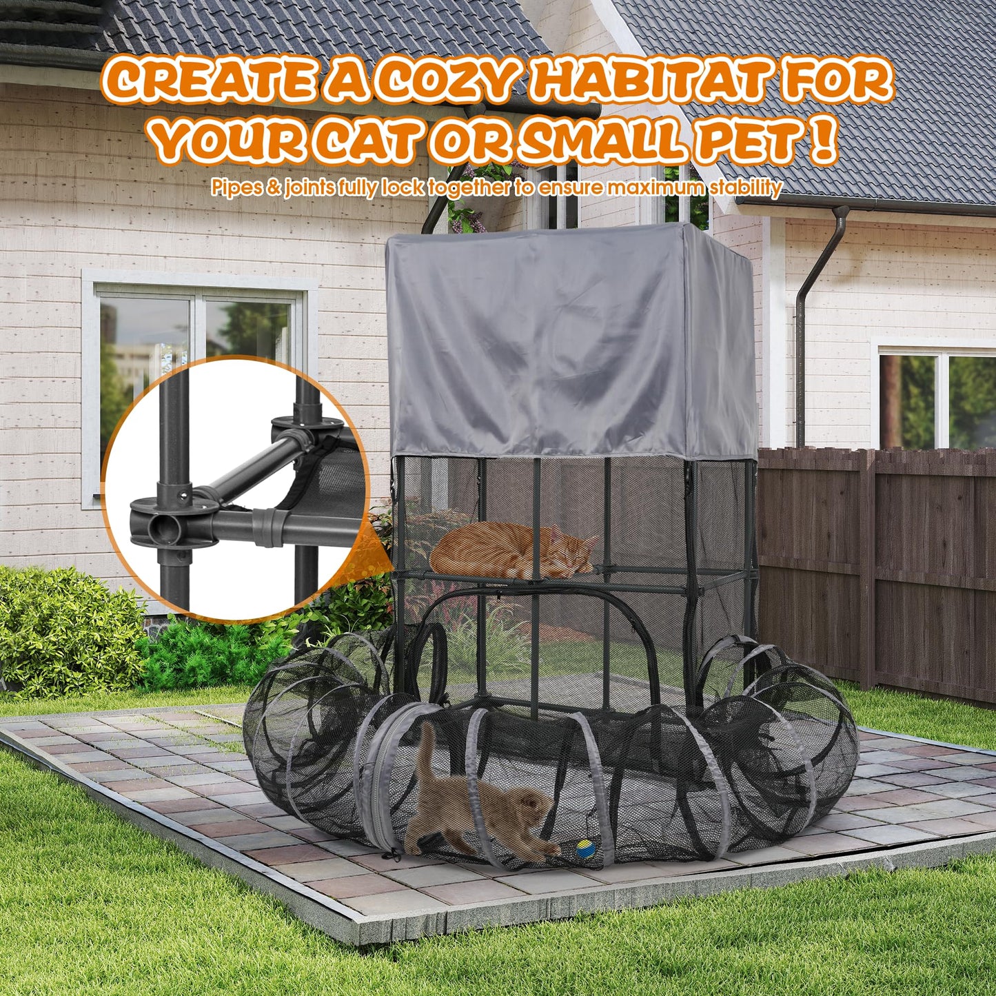 Catio Outdoor Cat Enclosure for Cats & Small Animals, Pet Playpen Cat Climber with Removable Pet Tunnel for Indoor/Outdoor Use