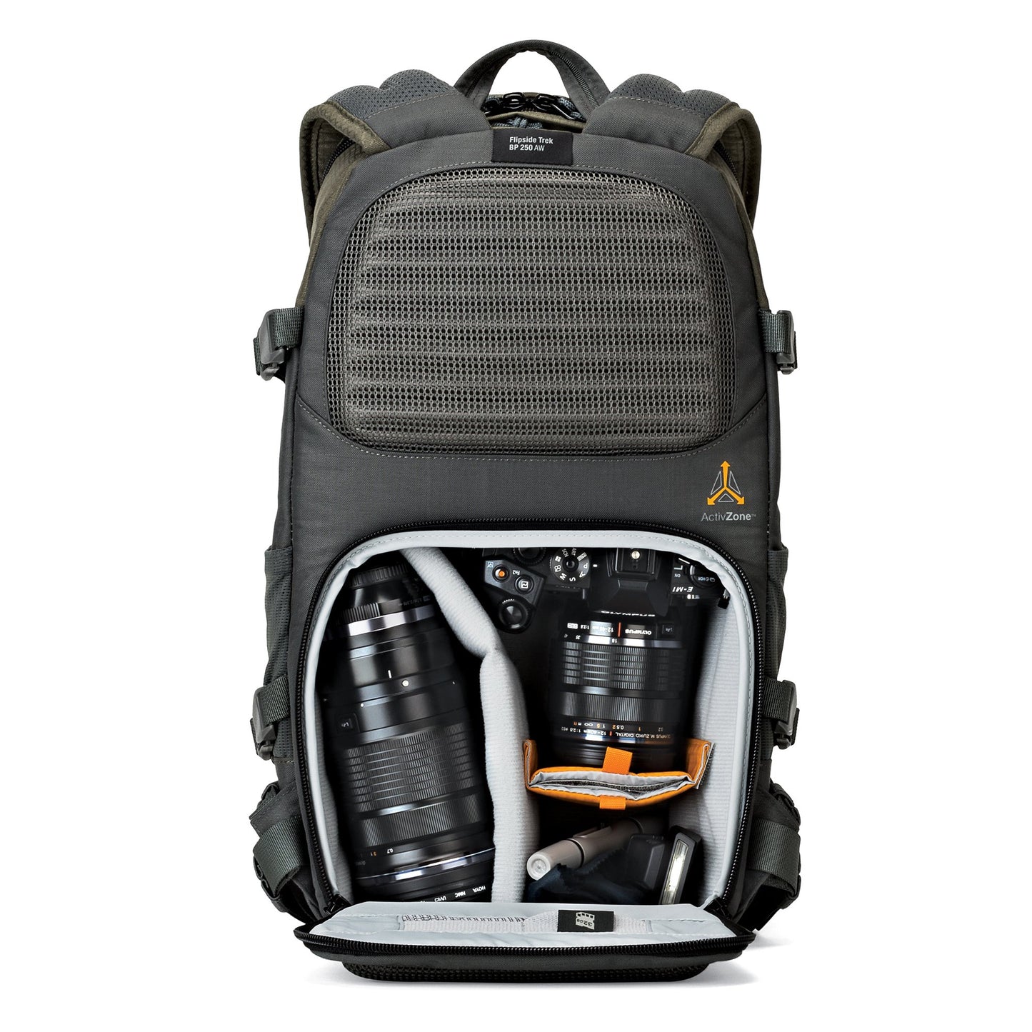 Lowepro LP37014-PWW, Flipside Trek BP 250 AW Backpack for Camera with ActiveZone Suspension System, Tablet Compartment, Grey/Dark Green