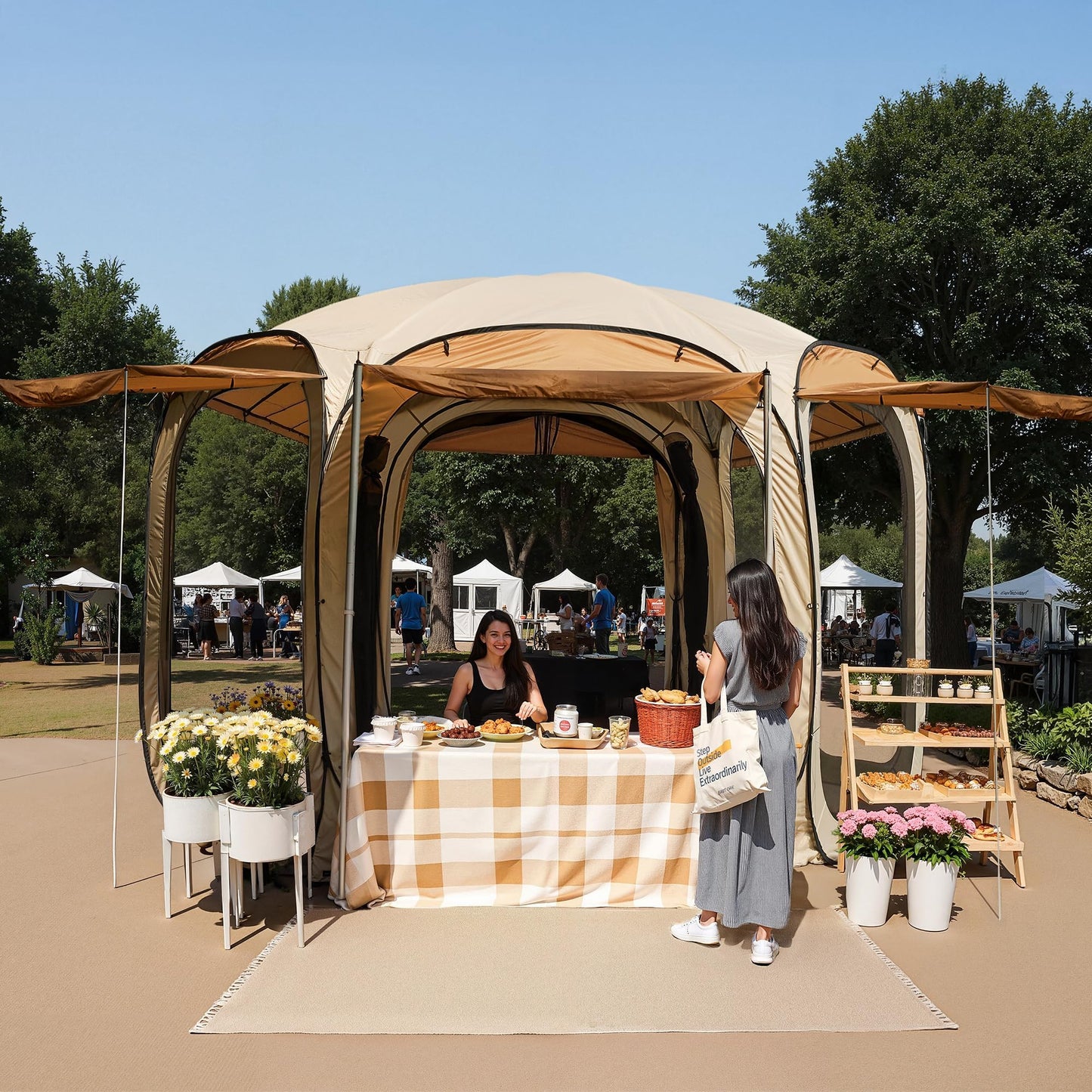 East Oak 12×12 FT Pop Up Canopy Tent with Mosquito Netting | Outdoor Screen House with 6 Sunshades | Instant Canopy with Portable Carry Bag | Gazebo Tent for Camping, Patio, Backyard and Beach | Beige