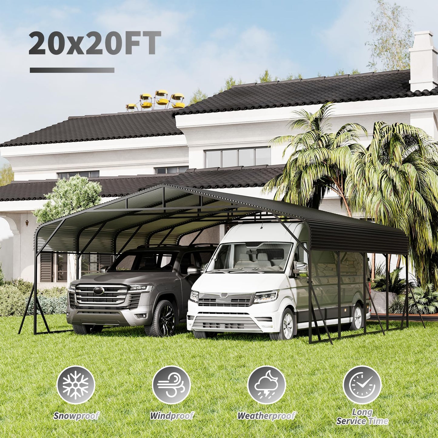 GDFStudio 20x20 FT Heavy Duty Carports for Trucks Boats RV Tractor, Metal Carport Kits with Steel Roof Frame, All Weather Car Shelter Flexible Conversion into Rooftop Canopy Party Tent Portable Garage