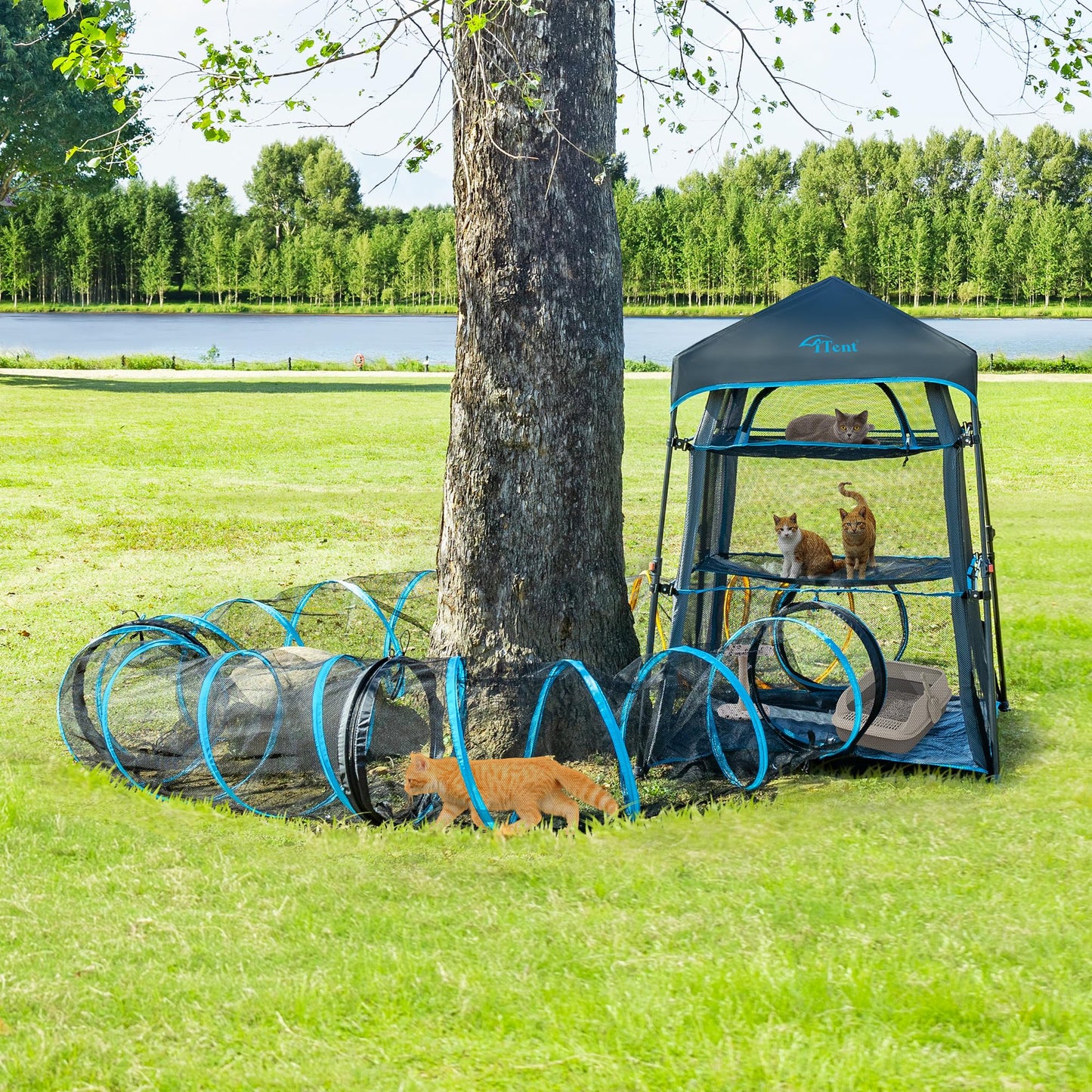Extra Large Catio Outdoor Cat Enclosure,3 Tier Cat Tower Tent Weatherproof & Sunproof with 3 Doors(with Two Kinds of Canopies), Foladable and Portable Plus Run Tunnel(3 Packs).