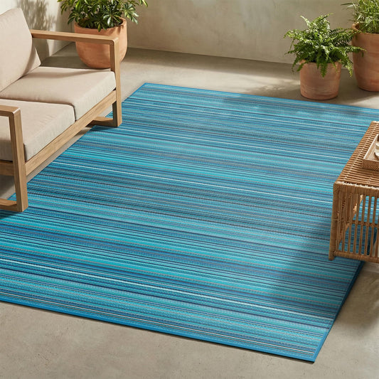 FH Home Outdoor Camping Rug - Waterproof, Fade Resistant, Reversible - Premium Recycled Plastic - Striped - Large Patio, Deck, Sunroom, RV - Havana - Turquoise - 9 x 18 ft Foldable