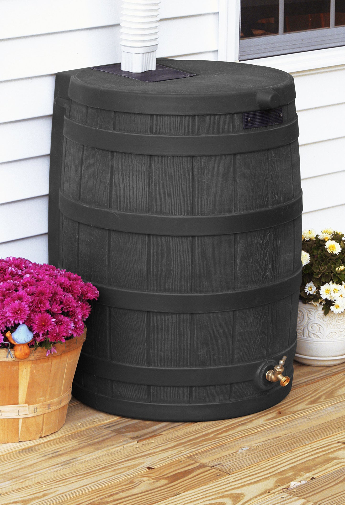 Good Ideas Rain Wizard 50 Gallon Plastic Outdoor Rain Barrel Water Storage Collector with Brass Spigot and Flat Back Design, Black