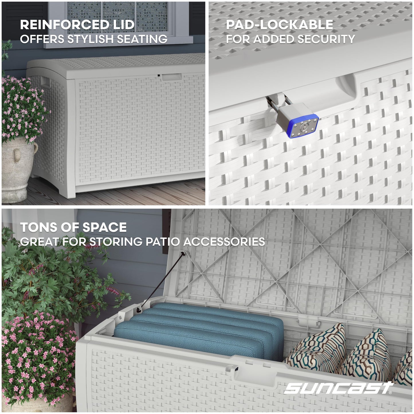 Suncast 99 Gallon Wicker Horizontal Outdoor Deck Box with Hinged Lid, Water-Resistant Storage Solution for Patio, Deck, Yard, and Garage, White, Made in the USA