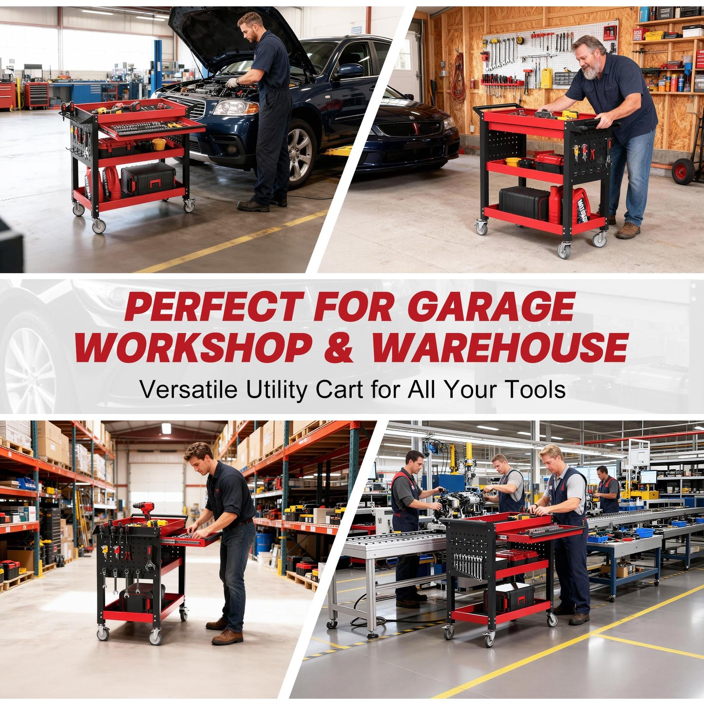 XCX 3 Tier Tool Cart on Wheels, Heavy Duty Metal Rolling with Drawers and Pegboards, 660 LBS Load Capacity Tool Storage Cart, Industrial Utility for Garage, Warehouse, Workshop