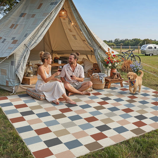 PureCozy Outdoor Patio Rug 8x10 Colorful Checkered Area Rug Linen-Look Washable Indoor Outdoor Living Room Carpet Farmhouse Neutral Non Slip Stain Resistant Rugs for Balcony Porch Garden