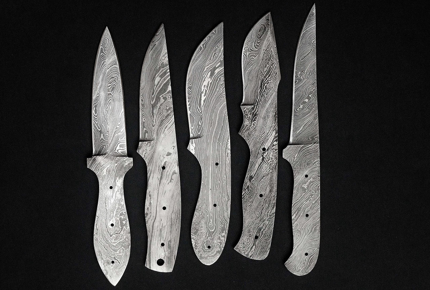 5 pieces set of 8 to 9.5 inches long hand forged twist pattern Damascus steel blank blade skinning knife set, Over all 44 inches long blades compact pocket knife blanks, knife making supplies