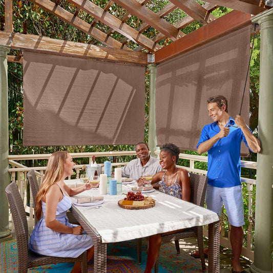 Coolaroo Outdoor Roller Shade with Wand - 95% UV Block Breathable Light Filtering Shade for Patio or Porch, Fade-Resistant, Easy-Clean Fabric, 10ft x 8ft, Walnut
