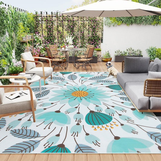 Lahome Floral Indoor Outdoor Rug 8x10, Non Slip Outdoor Patio Rug for Balcony Deck, Portable Large Outdoor Rugs for Camping Picnic Backyard, RV Mat Outdoor Carpet for Living Room Bedroom,Blue