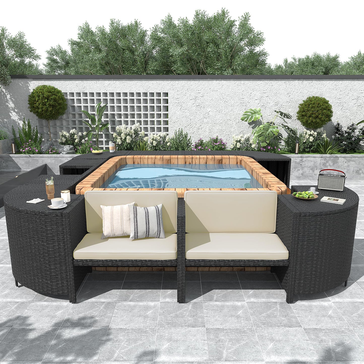 Merax Patio Furniture Set with Mini Sofa, Wooden Seats and Storage Spaces, Outdoor Conversation Sets for Patio, Lawn, Garden