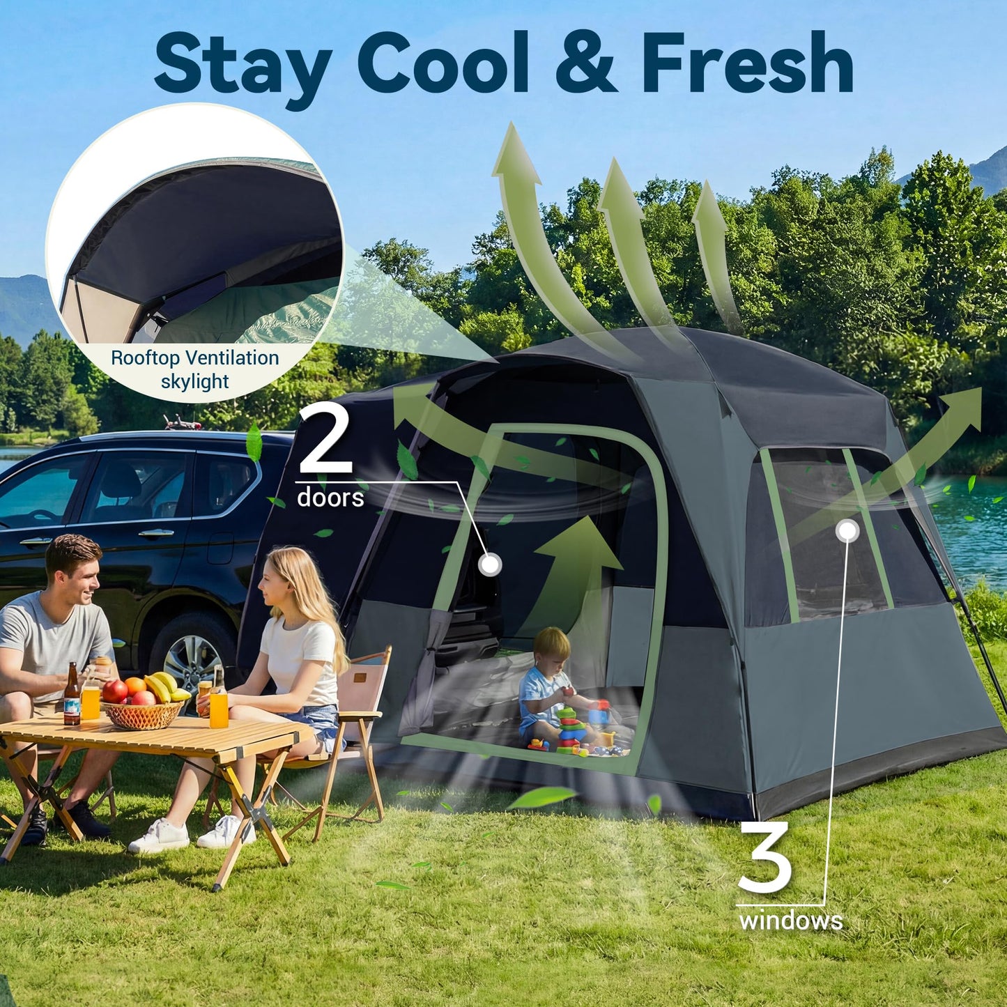 5/6 Person SUV Tent for Camping, SUV Tailgate Tent,Truck Car Tent Weather Resistant Portable for Car SUV Van Camping, Includes Rainfly and Storage Bag, 10' W X 8' L X 7.1' H (Blue)