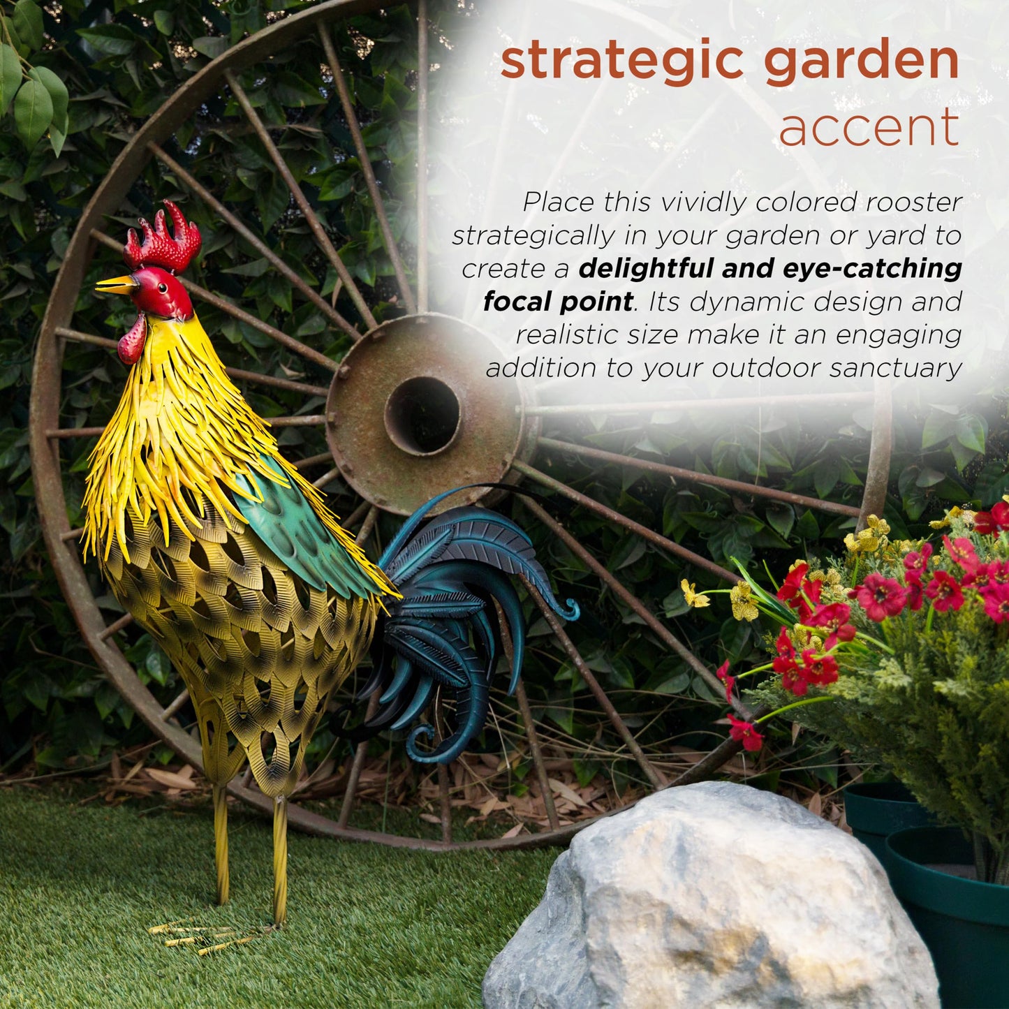 Alpine Corporation 28" Tall Outdoor Metal Feathered Rooster Statue with Vibrant Design, Garden Decor, Yellow