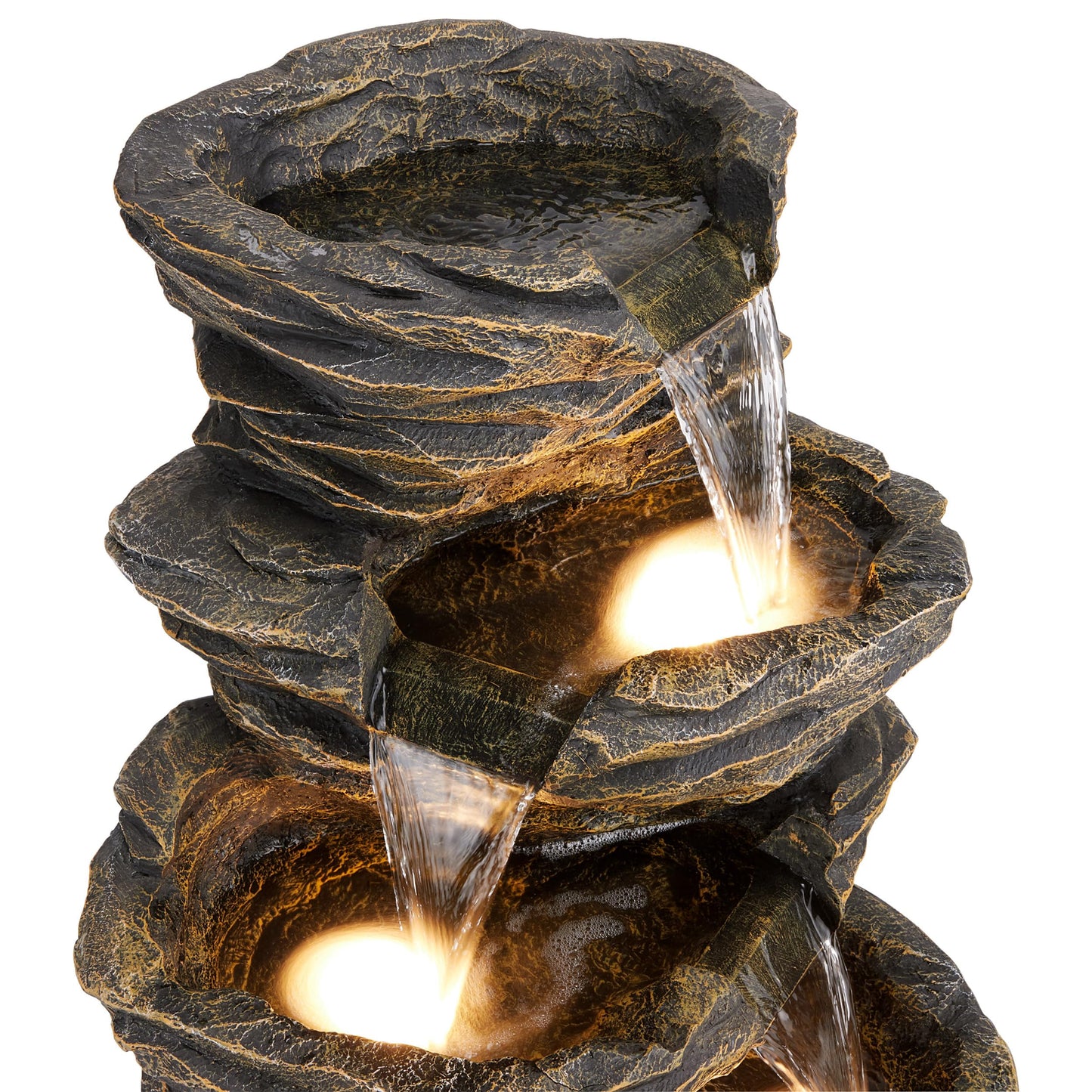 Alpine Corporation 39" Tall Outdoor 5 Tiered Natural Look Rock Water Floor Fountain with Replaceable Lights, Brown