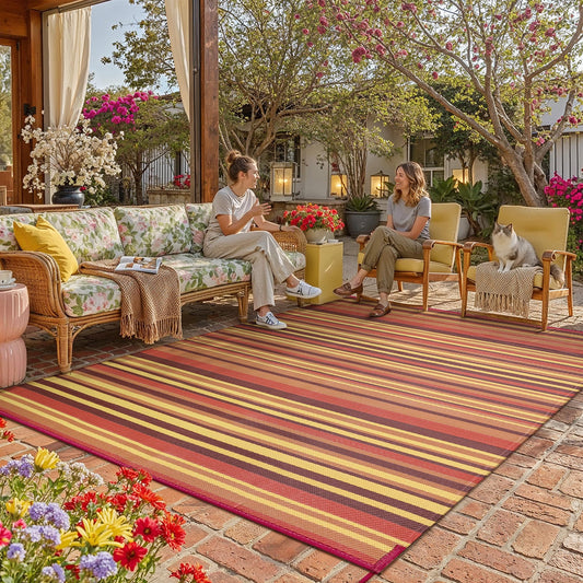 WondRg Outdoor Plastic Straw Rug Waterproof Patio 9x18 Red Orange Stripe Mat for Porch Camping RV Balcony Deck Courtyard Reversible Lightweight Durable Portable Carpet