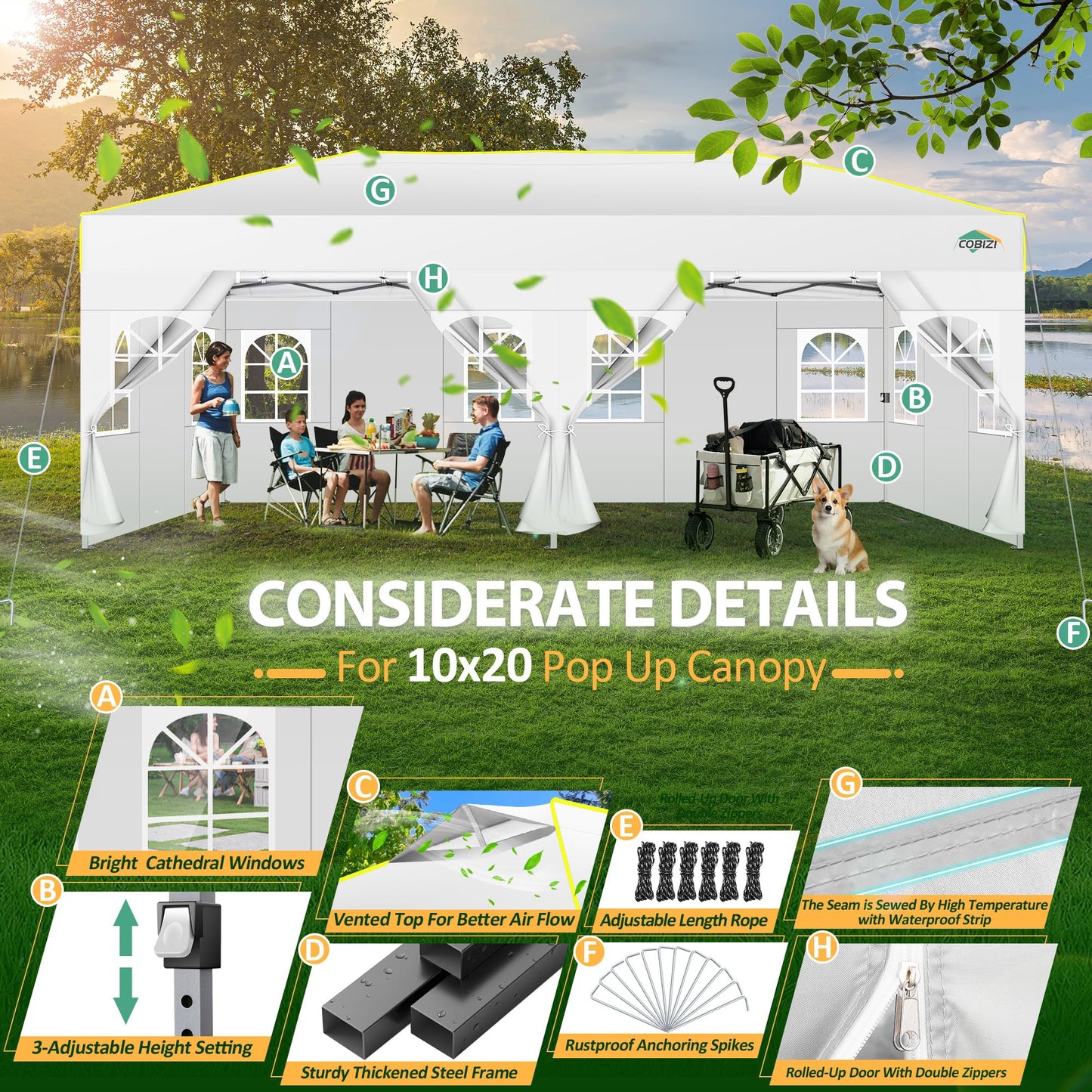 COBIZI 10x20 Pop Up Canopy with 6 Sidewalls One Push Setup Outdoor Event Shelter Waterproof UPF 50+ Gazebo Tent with Carry Bag,Air Vent,Sandbag for Wedding, Commercial, Party,White