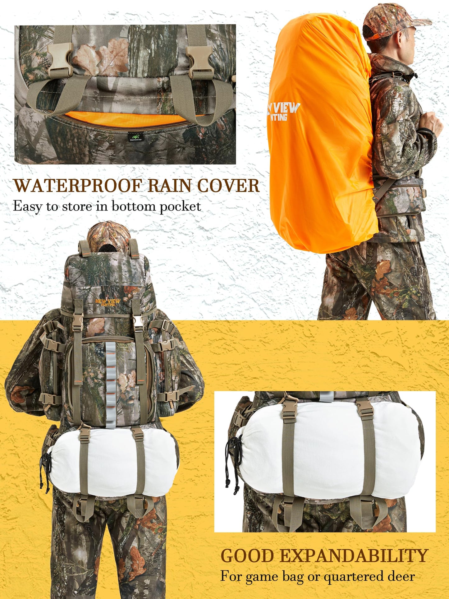 NEW VIEW 80L Hunting Backpack with Waterproof Rain Cover & Hunting Fanny Waist Pack with Chest Pack for Men