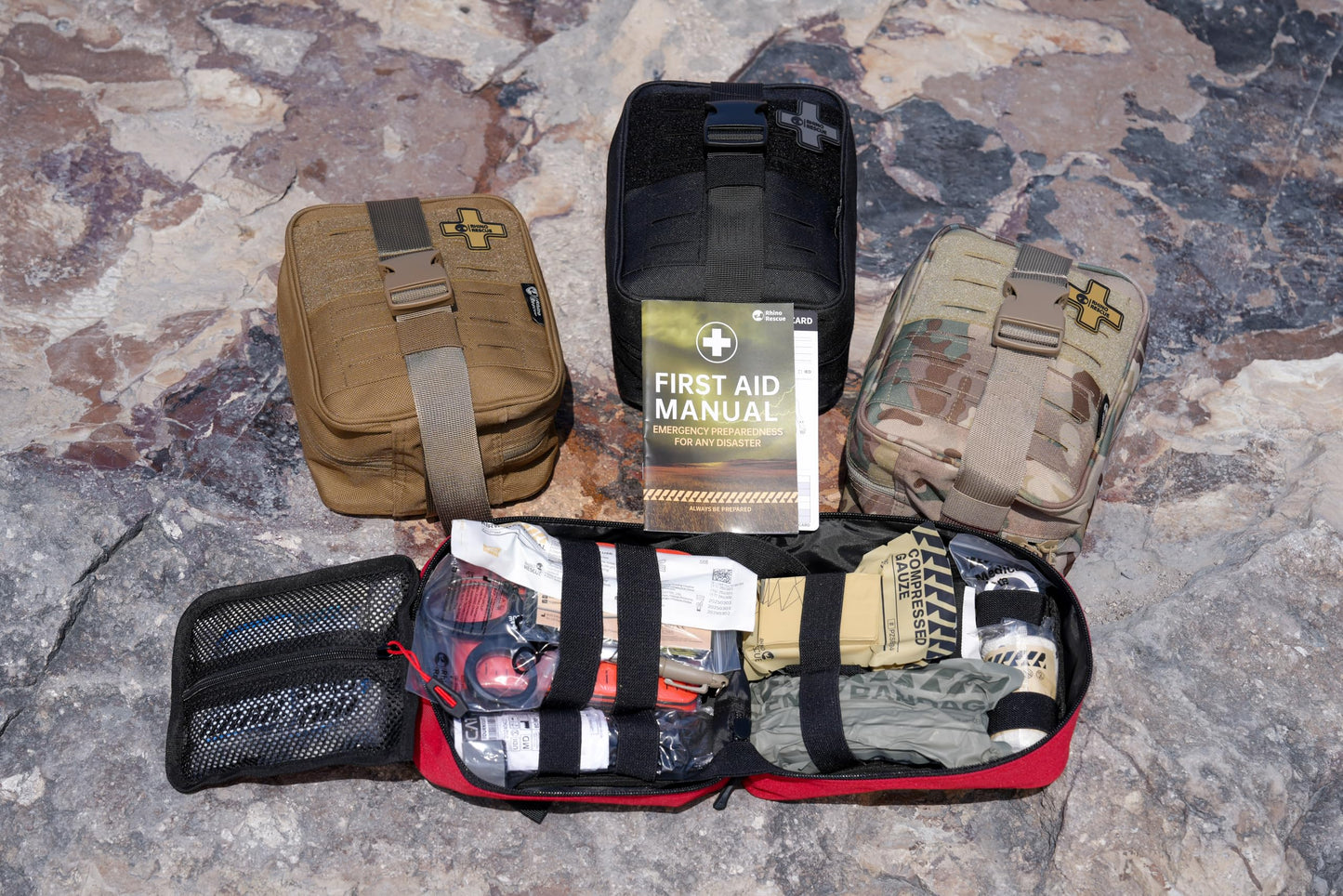 RHINO RESCUE IFAK Trauma Kit with C-A-T Tourniquet for Wound Care, Tactical First Aid Kit Molle Pouch for Military, Combat, Car, Camping, Hiking, Travel (Red)