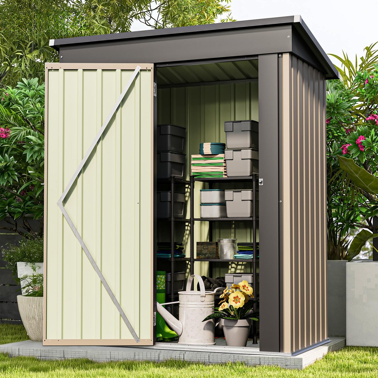Patiowell 5x3 FT Outdoor Storage Shed, Tool Shed with Sloping Roof and Lockable Door, Metal Shed for Backyard Garden Patio Lawn, Brown