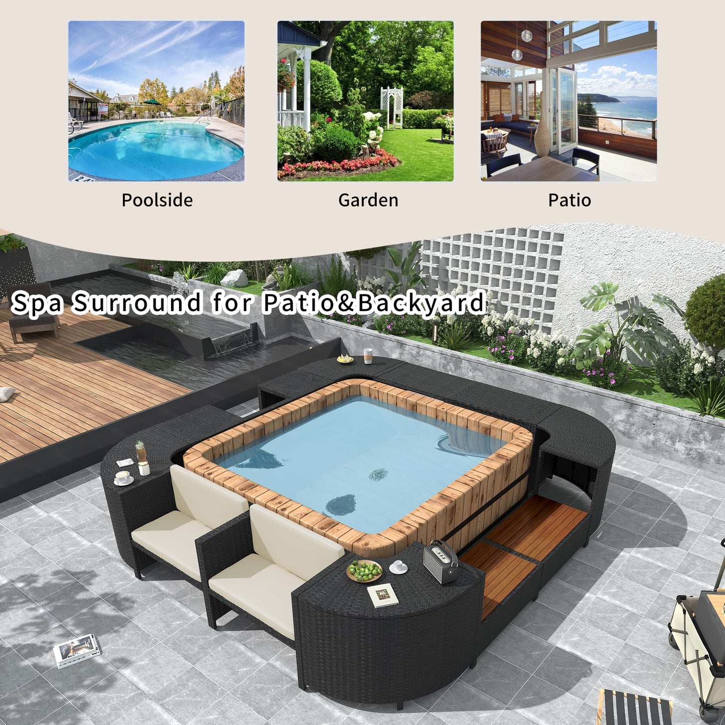 Merax Patio Furniture Set with Mini Sofa, Wooden Seats and Storage Spaces, Outdoor Conversation Sets for Patio, Lawn, Garden