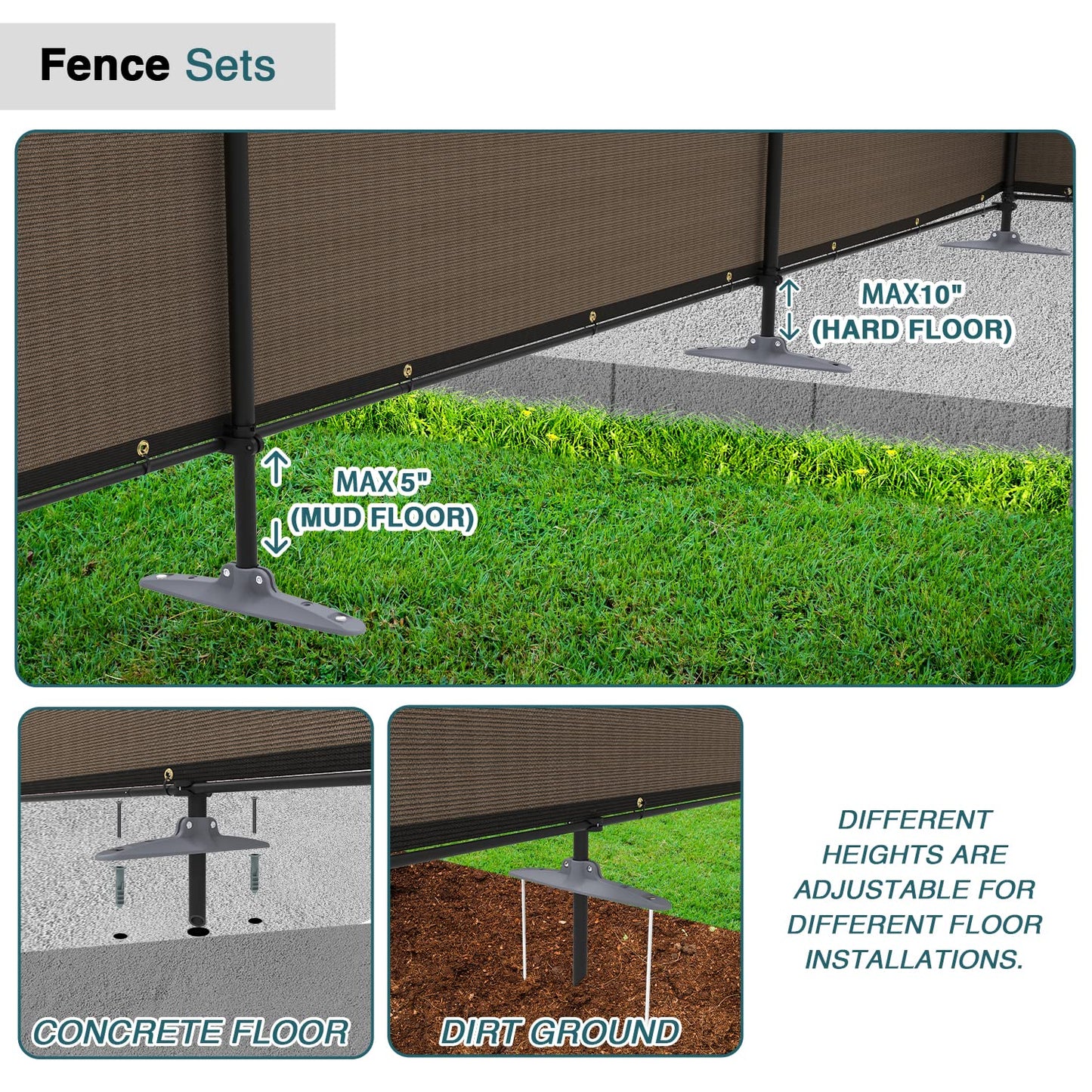 ECOOPTS Privacy Fence Set with Poles and Rails Ground Spikes Fence Kit for Garden Patio Pool Yard (5'Hx12'L, Brown)