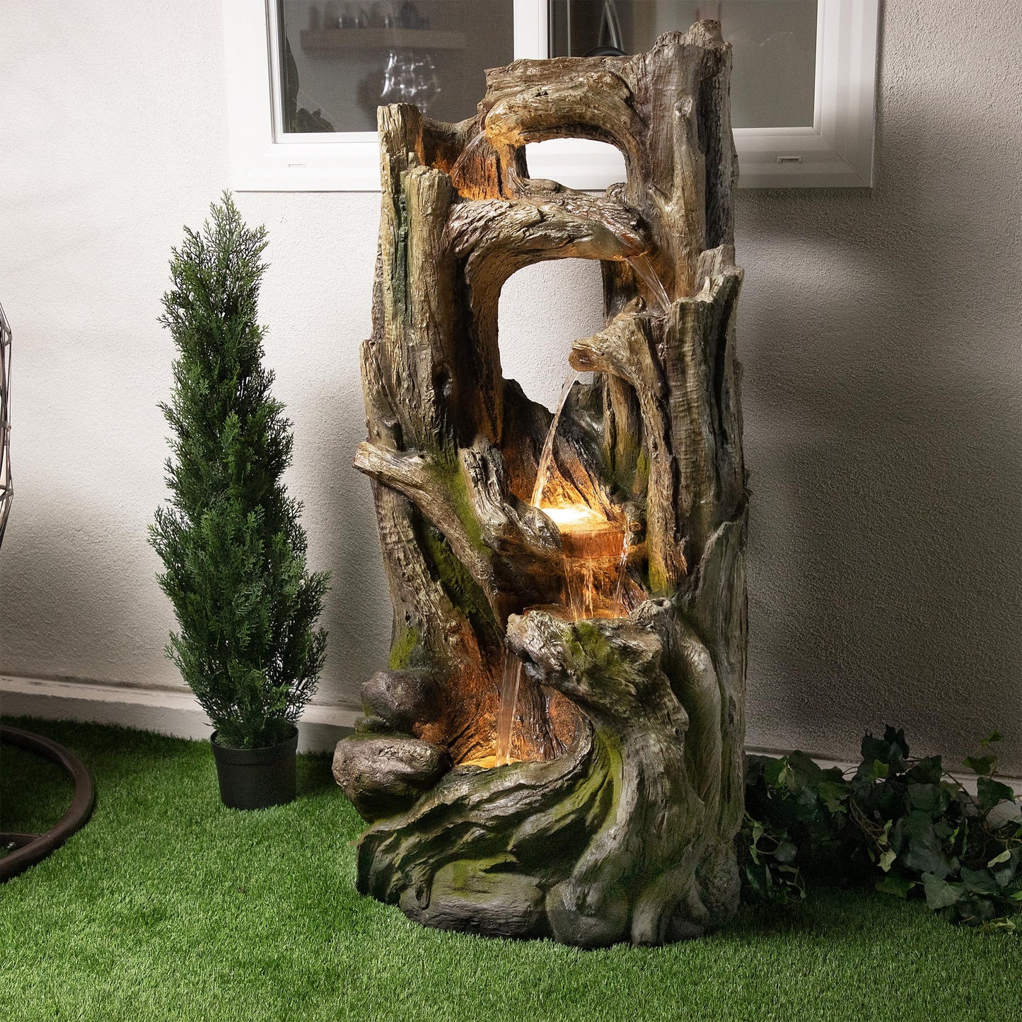 Alpine Corporation WIN1520 59" Indoor/Outdoor Floor 5-Tiered Tree Bark Water Fountain, Cascading Mossy Wood Waterfall Feature for Garden, Patio, and Yard, Brown