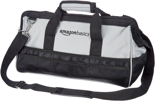 Amazon Basics Durable Wear-Resistant Tool Storage Bag with Adjustable Shoulder Strap,Portable Tool Organizer,16 in,Black & Grey,(Pack of 8)
