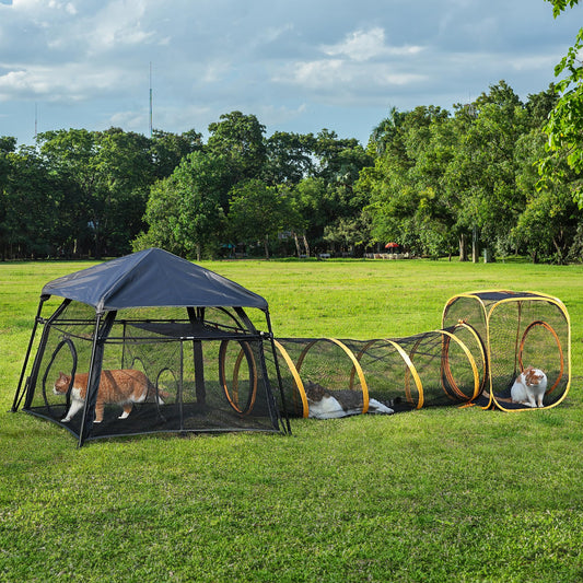 2-Tier Cat Catio with Tunnel, Outdoor Catio Cat Enclosure, Portable Cat Playpen for Indoor Outdoor Use, Breathable Mesh, Foldable Travel Cat Cage for Cats, Kittens