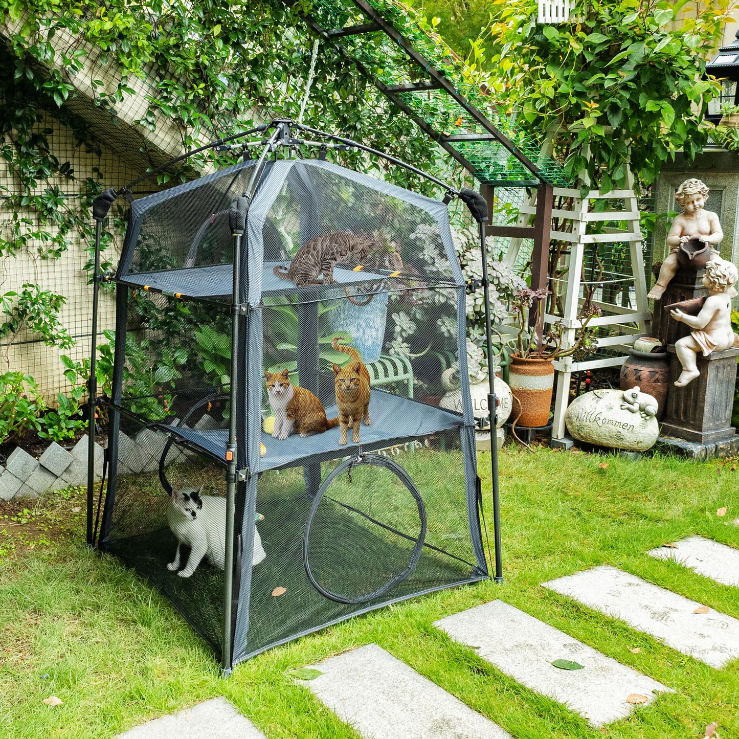 Automatic Pop-Up Cat Enclosure|3-Tier Cat Tent|Cage|Outdoor Catio with Patent,Breathable Portable & Foldable, Stable Structure for Indoor/Outdoor, Free Teaser Wand,Friendly Connectable playpen-Black