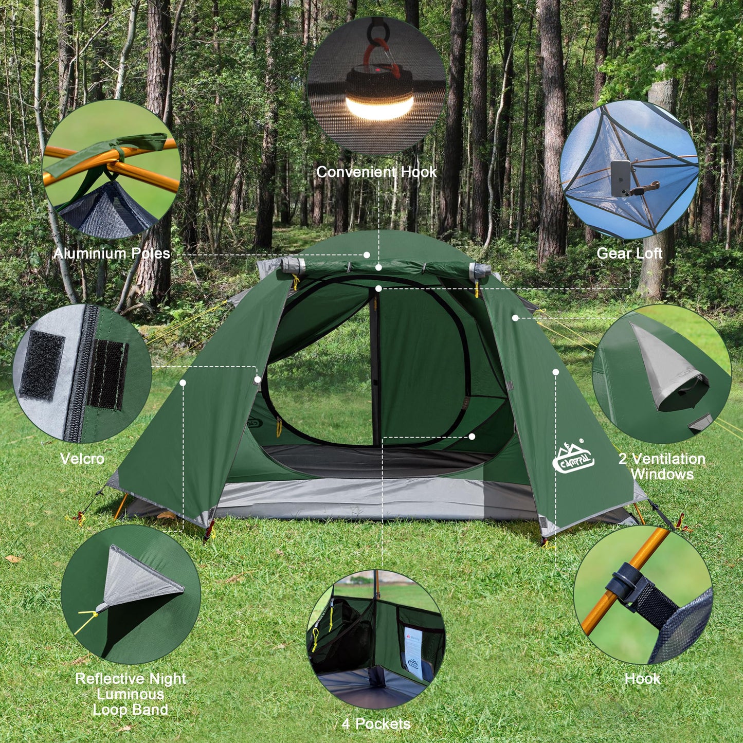 2-3 Person Backpacking Tent with Double Door 2 Vestibule, Waterproof Windproof Lightweight Easy Set Up 3 Season 2 Man Two Person Tent for Camping, Hiking, Motorcycle, Mountaineering with UPF 50+