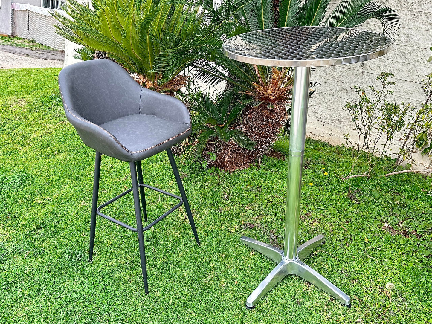 BTEXPERT Set of 2, Aluminum Indoor Outdoor 23.75" Round Restaurant Bar Height 44" Table fix top, Patio Stainless Steel Silver Furniture 25.75" Base