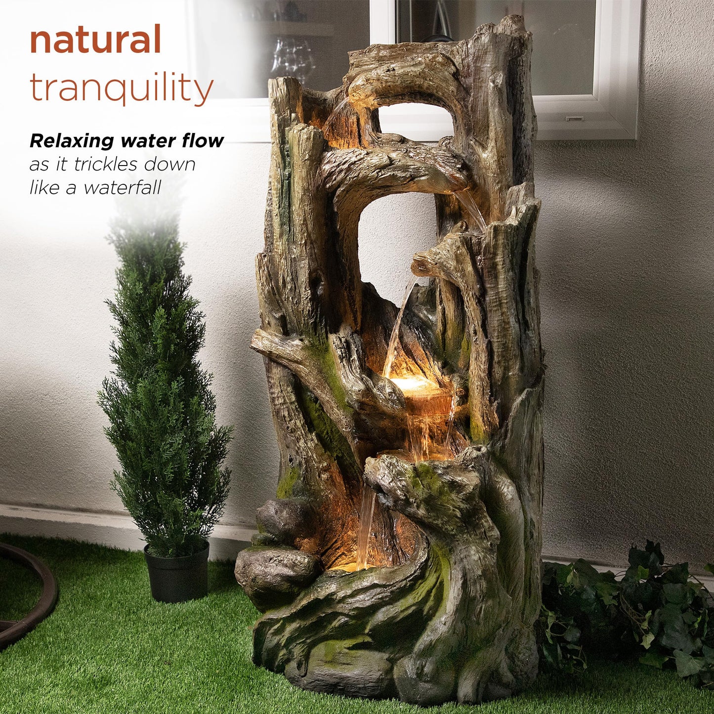 Alpine Corporation WIN1520 59" Indoor/Outdoor Floor 5-Tiered Tree Bark Water Fountain, Cascading Mossy Wood Waterfall Feature for Garden, Patio, and Yard, Brown