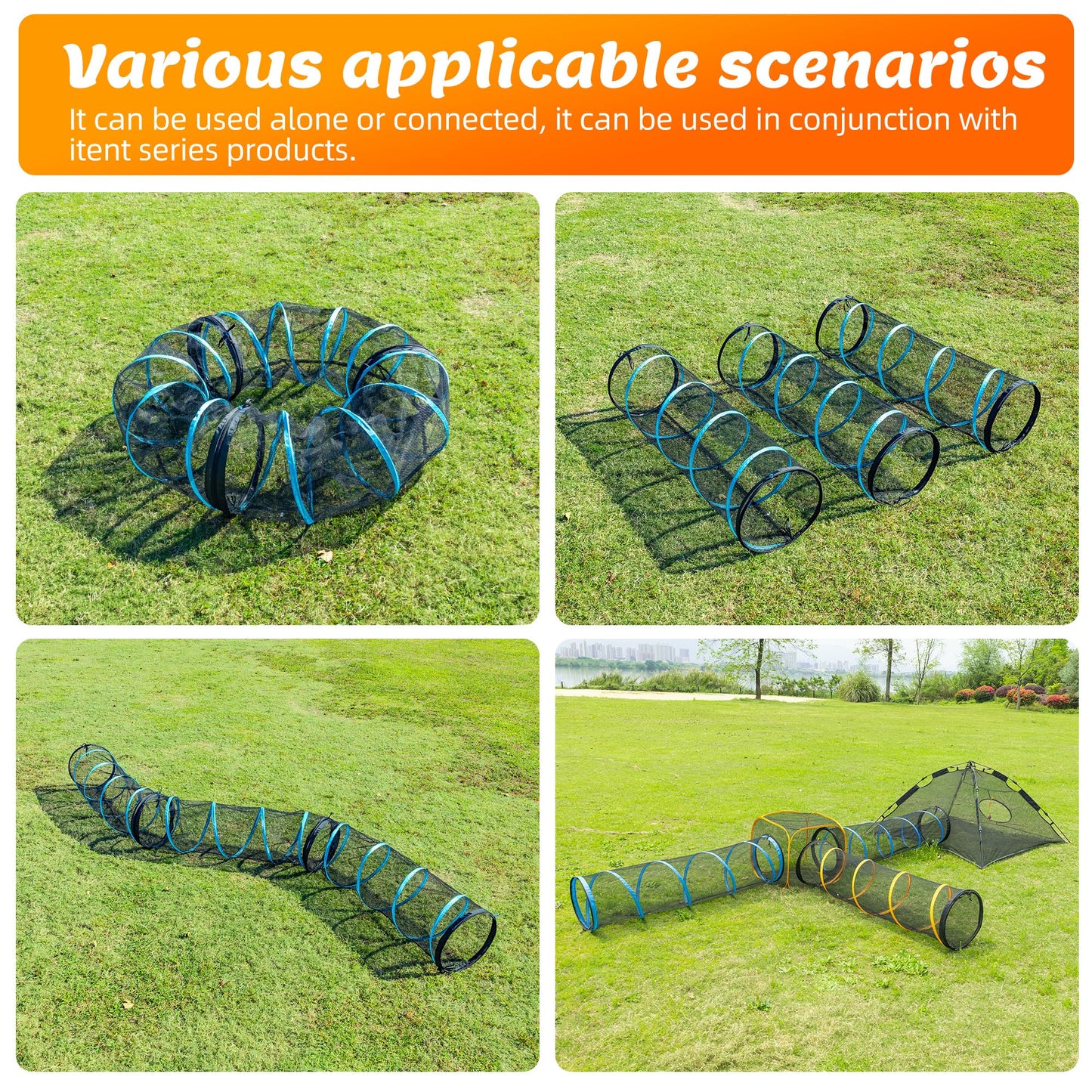 ITENT Cat Play Tunnel-for Indoors and Outdoors,Cat Tunnel Outdoor, Kitty Outdoor Enclosure, Cat Enclosures Easy to Connect with Two Zipper Doors,Product Size 59'' x 18'',3pcs /Set,Blue,3 Packs