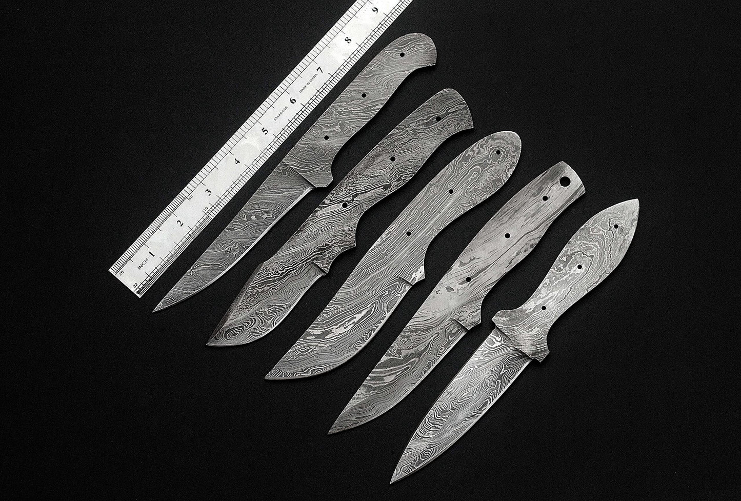 5 pieces set of 8 to 9.5 inches long hand forged twist pattern Damascus steel blank blade skinning knife set, Over all 44 inches long blades compact pocket knife blanks, knife making supplies