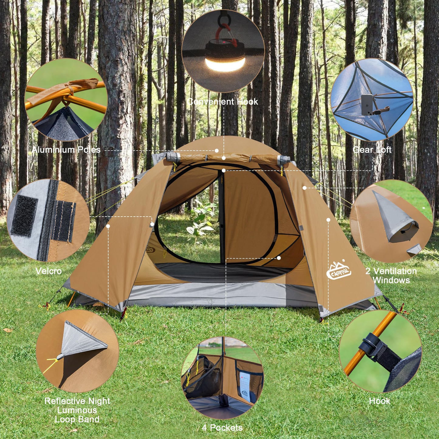 Camppal 2-3 Person Backpacking Tent, Waterproof Windproof 4 Season Tent for Camping, Easy Setup 2 Person Tent for Backpacking, Hiking, Hunting, Motor Cycling & Biking